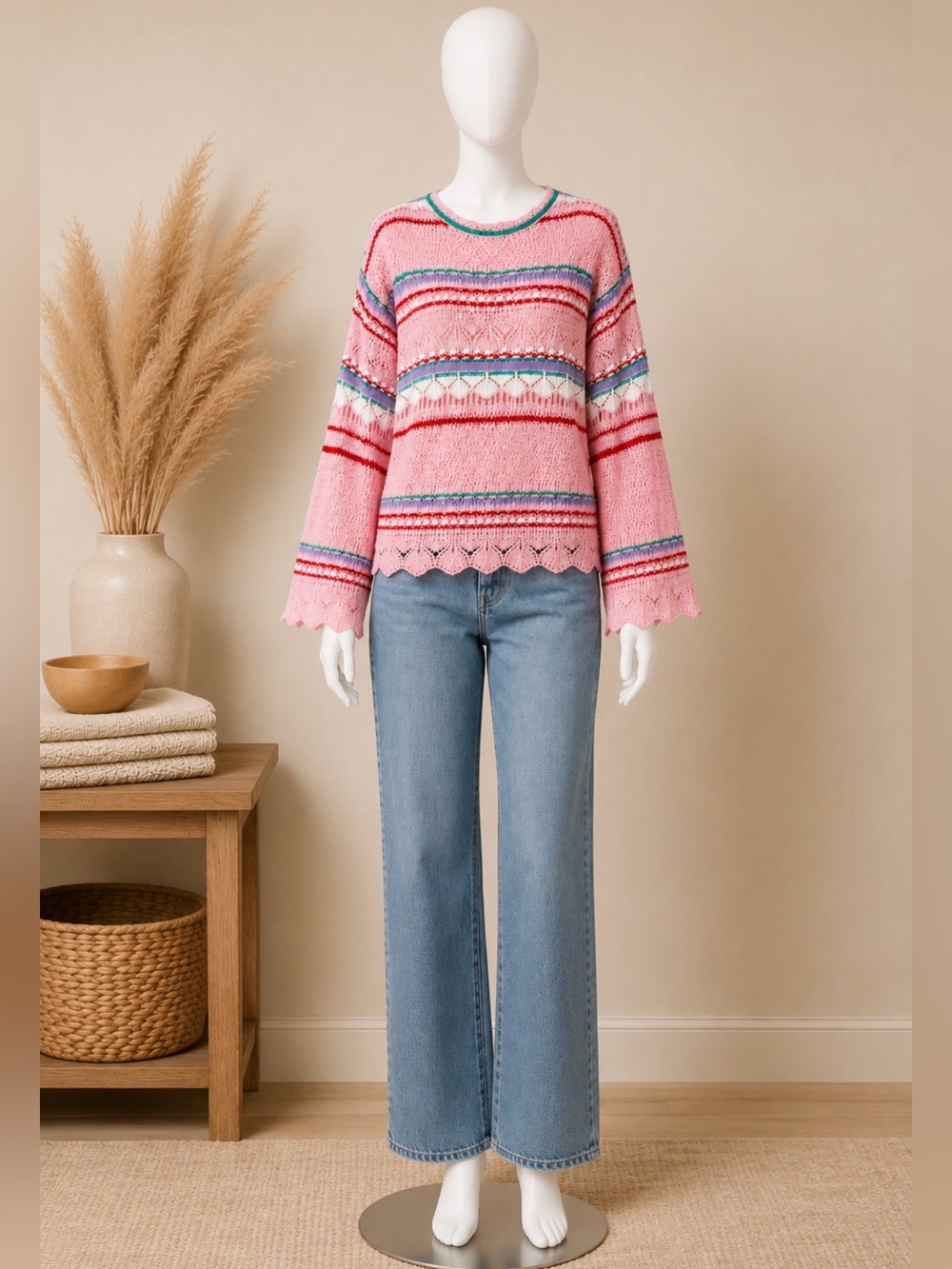 🌸 POL Crochet Knit Sweater Top – Pink Multi Stripe Boho Cottagecore